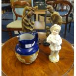 Pair soapstone style figures, Doulton stoneware jug, German porcelain figure (4).