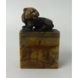 A carved Oriental soapstone? Seal, height 8cm x width 5cm