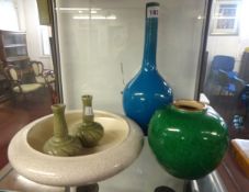 Oriental plain blue bottle vase, height 30cm, green crackle glass vase, white crackle glass bowl and