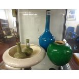 Oriental plain blue bottle vase, height 30cm, green crackle glass vase, white crackle glass bowl and