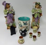 A pair of large Victorian figurines height 50cm (faults), majolica jardinière, Devon ware egg cups