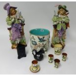 A pair of large Victorian figurines height 50cm (faults), majolica jardinière, Devon ware egg cups