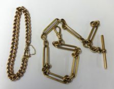 A 9ct gold elongated watch chain with T-bar, stamped 'J.M, 9.375', length approx 33cm, weight