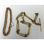 A 9ct gold elongated watch chain with T-bar, stamped 'J.M, 9.375', length approx 33cm, weight