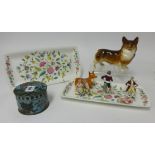 Cloisonné circular box and cover, ornamental animals, porcelain figurines and Minton, a pair of