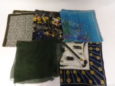 A collection of five fashion silk scarves, the largest 84cm x 84cm.