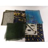 A collection of five fashion silk scarves, the largest 84cm x 84cm.