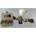 Various items including silver plated ornate belt, Wedgwood thimble, case of various costume