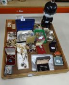 A collection of costume jewellery, sundry coins, watches, spoons (including Rolex teaspoon),