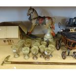 Miniature rocking horse, Tremar style pottery, dolls, walking stick