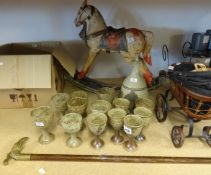 Miniature rocking horse, Tremar style pottery, dolls, walking stick