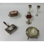 Silver plated wares, a ruby glass and plated jam dish, an unusual wax candle stand, a muffin