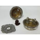 Two antique silver plated wine bottle coasters, reproduction carved net ski and a pair of foreign