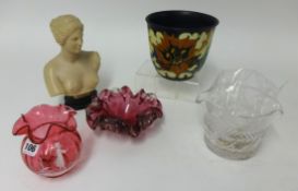 Victorian, cranberry glass vase, a moulded sculpture, Gouda Dutch planter and other glassware and