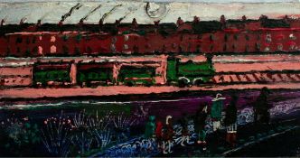 Fred Yates (1922-2008) oil on panel, 'To The Station', signed label verso, 20cm x 36cm.