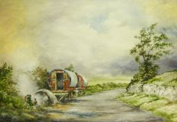 Rick Lewis A.R.A (Irish), watercolour, signed, 'Gypsies and Caravans' 51cm x 74cm