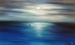 Sue Wills, a large oil on canvas 'Boat at Sea', unframed, 89cm x 147cm
