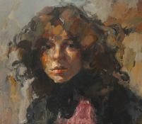 Robert Lenkiewicz (1941-2002), oil on board, 'Study of Eliza', with two paper labels verso, one