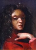 Robert Lenkiewicz (1941-2002), a fine small size oil on board, titled verso 'Anna Navis in Red