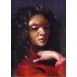 Robert Lenkiewicz (1941-2002), a fine small size oil on board, titled verso 'Anna Navis in Red