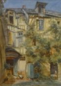 Continental School, indistinctly signed watercolour, 'Figures by a Tudor style house' 37cm x 27cm