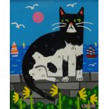 Arth Lawr, 'A Cat on Hoe Road', signed and dated 2018, original acrylic on board, 15cm x 12cm,