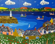 Brian Pollard, original acrylic on board, signed 'St Ives Harbour, 1992', 59cm x 74cm. Provenance;