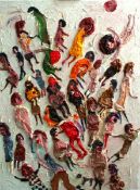 Fred Yates (1922-2008) oil on canvas, 'Celebration', signed label verso, 62cm x 46cm,