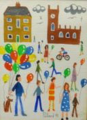 Brian Pollard, original acrylic, 'Balloon Seller, Outside the Church', early work 1991, 17cm x