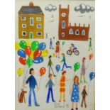 Brian Pollard, original acrylic, 'Balloon Seller, Outside the Church', early work 1991, 17cm x