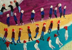 Fred Yates (1922-2008) oil on canvas 'Walking in Line', 20cm x 27cm, s