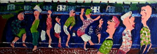 Fred Yates (1922-2008) oil on panel 'Parade', 21cm x 63cm,