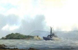 Tim Thompson (born 1951), gouache 'Frigate off Drakes Island, Plymouth Sound', signed, 23cm x 36cm.