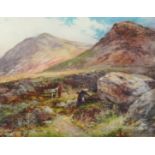 Rick Lewis A.R.A (Irish), watercolour, signed, 'Figures, dog, landscape', 27cm x 36cm