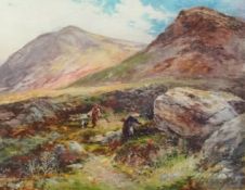 Rick Lewis A.R.A (Irish), watercolour, signed, 'Figures, dog, landscape', 27cm x 36cm