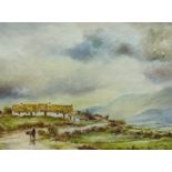 Rick Lewis A.R.A (Irish) watercolour, signed, 'Figures, thatched cottages' 28cm x 36cm