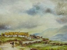 Rick Lewis A.R.A (Irish) watercolour, signed, 'Figures, thatched cottages' 28cm x 36cm
