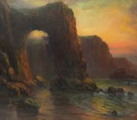 William Cox (1866-1939), oil on board, 'Sunset on the Cornish Coast, Kynance Rock', with pencil