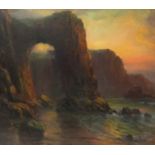 William Cox (1866-1939), oil on board, 'Sunset on the Cornish Coast, Kynance Rock', with pencil