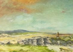 Rick Lewis A.R.A (Irish), watercolour, signed 'Figure, stone bridge, landscape', 27cm x 38cm