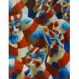 Lee Woods, oil on wrap around board, 'Cats', 51cm x 40cm.