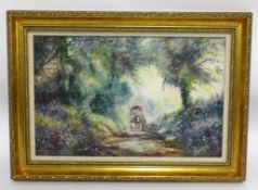 Rick Lewis A.R.A (Irish) oil on board, 'Figure, gypsy caravan, country lane;' signed, 27cm x 43cm.