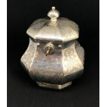 An early Victorian octangular chased gothic design silver tea caddy, with lock and key by Charles