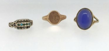 A 9ct gold signet ring, a 9ct gold blue stone ring and a 9ct turquoise and seed pearl ring, approx