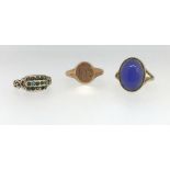 A 9ct gold signet ring, a 9ct gold blue stone ring and a 9ct turquoise and seed pearl ring, approx