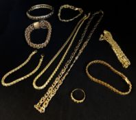 A collection of various 9ct gold chains and bracelets, approx 137gms, together with a yellow metal