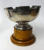 A Geo V silver presentation bowl with inscription, approx 15.95oz on wood socle base together with