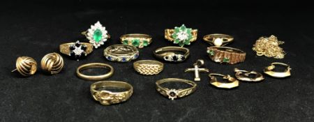 A collection of various 9ct gold dress rings and jewellery, approx 37.50gms.