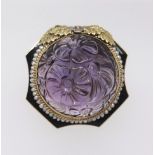 An impressive 14ct large carved amethyst and enamel ring set in yellow gold with a pearl border,