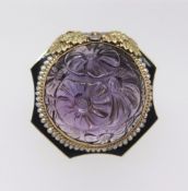 An impressive 14ct large carved amethyst and enamel ring set in yellow gold with a pearl border,